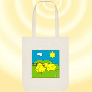 Tote bag blanc bio avec les poussins allongÃ©s dans l'herbe