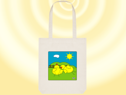 Tote bag blanc bio avec les poussins allongÃ©s dans l'herbe